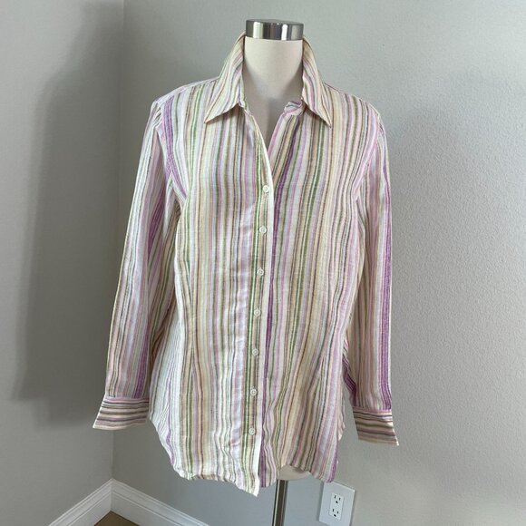 Coldwater Creek Womens Plus 1X Striped Button Up Shirt Linen Blend Long Sleeve - Picture 1 of 11